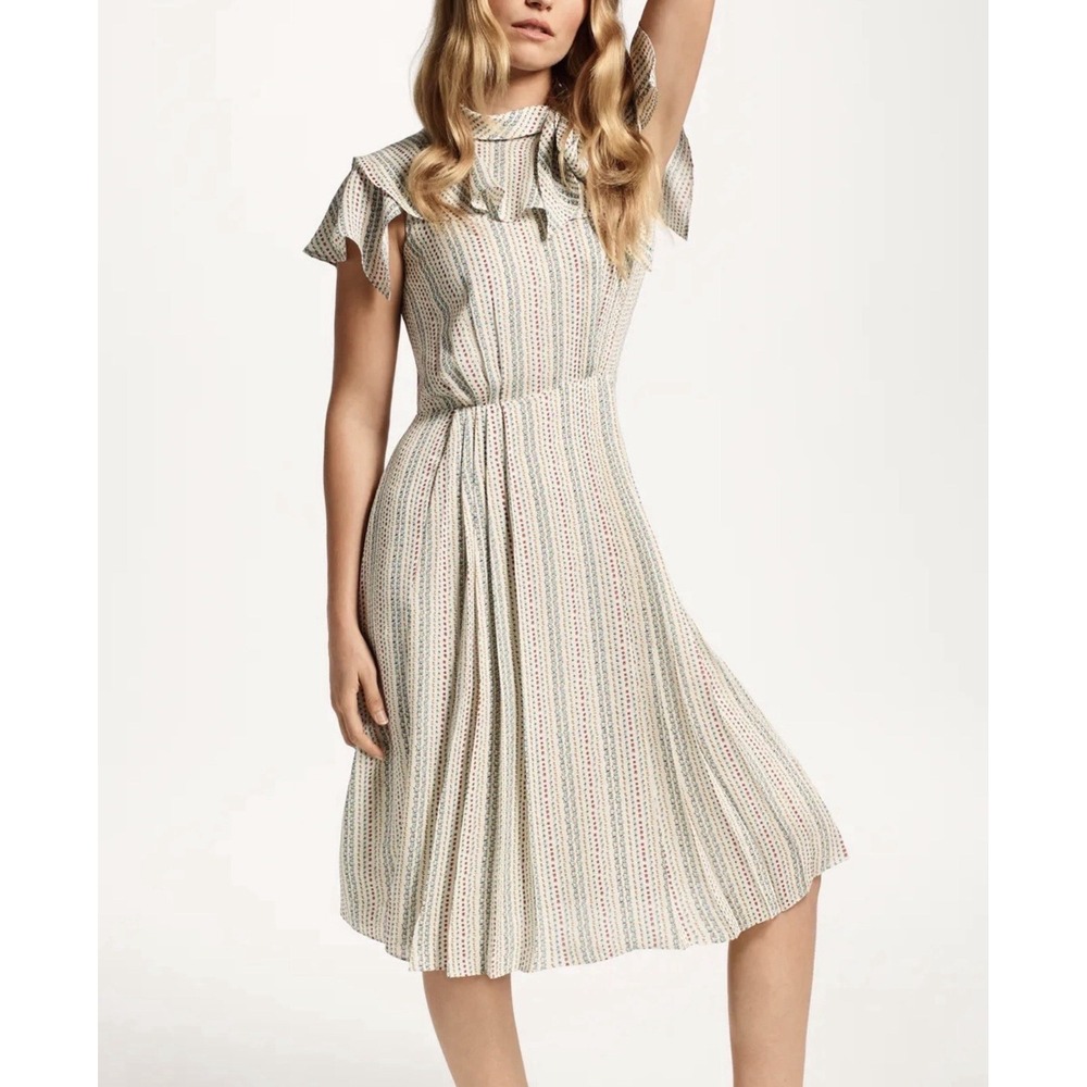Brooks Brothers Size-6 Womens Midi Shirt Dress Silk Floral Ruffle Cream